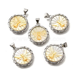 Brass with Natural Shell Carved Pendants, Rack Plating, Flat Round with Butterfly, Platinum, 22x19.5x3mm, Hole: 3x4mm(KK-Z091-01P-02)