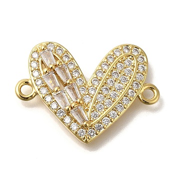 Rack Plating Brass Micro Pave Clear Cubic Zirconia Heart Links Connector Charm, Long-Lasting Plated, Cadmium Free & Lead Free, Real 18K Gold Plated, 17.5x24x3.5mm, Hole: 1.6mm