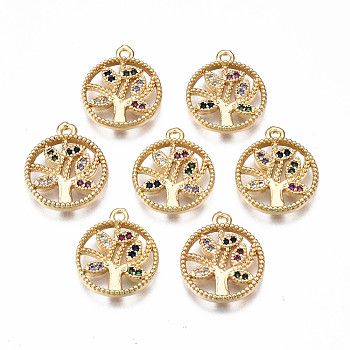 Brass Micro Pave Cubic Zirconia Charms, Nickel Free, Ring with Tree, Real 18K Gold Plated, 15x12x2mm, Hole: 1.2mm