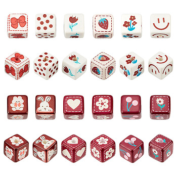24Pcs 12 Style Opaque Printed Acrylic Beads, Cube with Mixed Pattern, Cube, 13.5x13.5x13.5mm, Hole: 3.8mm, 2pcs/style