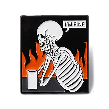 Skeleton with Word I'm Fine & Fire Enamel Pins, Alloy Brooches for Backpack Clothes, White, 34x29.5mm