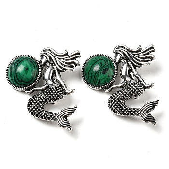 Dual-use Items Alloy Mermaid Brooch, with Synthetic Malachite, Antique Silver, 42x37x12mm, Hole: 8x3mm