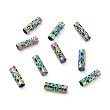 Ion Plating(IP) Hollow Out 304 Stainless Steel Beads, Column, Rainbow Color, 12x4mm, Hole: 3mm