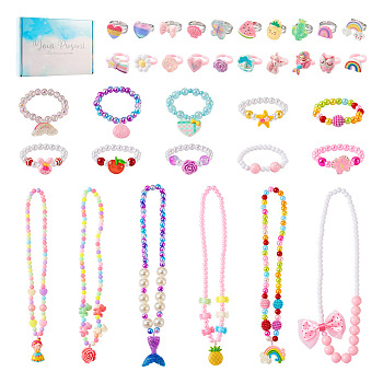 Flower & Shell & Watermelon & Rabbit Plastic Cuff & Adjustable Ring & Pendant Necklace & Stretch Bracelets, Fruit & Animal & Ocean Theme Jewelry Set for Kids, Mixed Color, US Size 3~5 1/4(14~15.9mm), 20Pcs; Bracelet: Inner Diameter: 3.9~4.5cm, 10Pcs; Necklace: 14.96~17-3/4 inch(38~45cm), 6Pcs