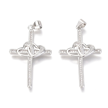Brass Micro Pave Clear Cubic Zirconia Pendants, Cross with Heart, Real Platinum Plated, 37x22x3mm, Hole: 3mm