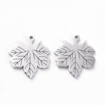 304 Stainless Steel Charms, Manual Polishing, Leaf with Branch, Stainless Steel Color, 15x14x1mm, Hole: 0.8mm