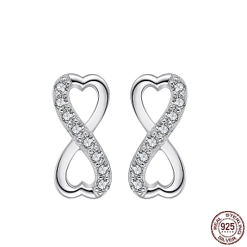 Heart Infinite Rhodium Plated 925 Sterling Silver Cubic Zirconia Stud Earrings for Women, Real Platinum Plated, 11mm