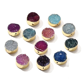 Dyed Natural Druzy Agate Beads, with Brass Edged, Flat Round, Light Gold, Mixed Color, 12~12.5x5.5~7.5mm, Hole: 1mm