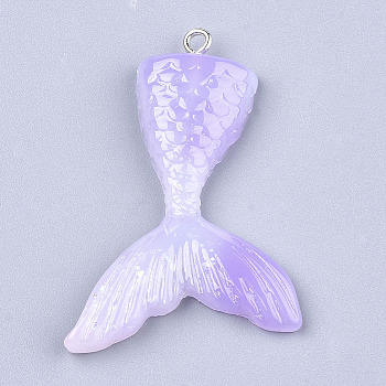 Resin Pendants, with Glitter Powder and Iron Findings, Mermaid Tail Shape, Platinum, Lilac, 46x30x6mm, Hole: 2mm