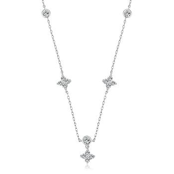 Women Flower Drop Dangle Necklace Rhodium Plated Sterling Silver Zirconia Chain Necklace Simple Personalized Crystals Pendant Choker Trendy Necklace Jewelry Gifts for Women, Platinum, 16-7/8 inch(43cm)