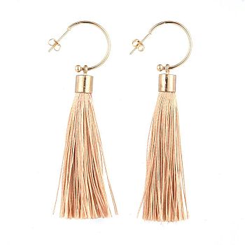 Brass Stud Earring, with Polyester Tassel Pendants and Ear Nuts, Wheat, 80mm, Pin: 0.6mm