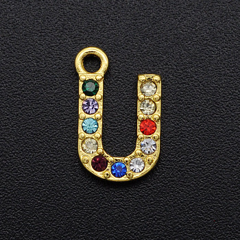 Alloy Rhinestone Charms, Golden, Colorful, Letter, Letter.U, 12.5x8x2mm, Hole: 1.5mm