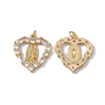 Brass Micro Pave Clear Cubic Zirconia Pendants, with Jump Ring, Cadmium Free & Nickel Free & Lead Free, Rack Plating, Heart with Virgin Pattern, Real 18K Gold Plated, 22.5x21x2.5mm, Hole: 3mm