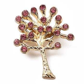 Alloy Glass Rhinestone Tree Brooches, Brass Pin Jewelry, Light Gold, 30x23x8.5mm