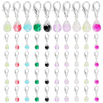 Elite 100Pcs Crackle Glass Beads Pendant Decorations, Alloy Lobster Clasp Charms, Clip-on Charms, for Keychain, Purse, Backpack Ornament, Stitch Marker, Mixed Color, 28~30mm
