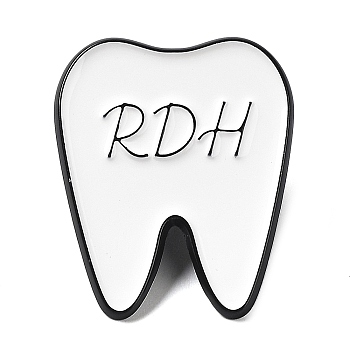 Dental Theme Enamel Pin, Black Zinc Alloy Brooch for Backpack Clothes, Tooth with Word RDH, White, 29x24x1.5mm
