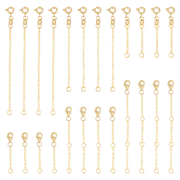 24Pcs 6 Style Brass Cable Chain Extender, End Chains with Spring Ring & Lobster Claw Clasps, Real 18K Gold Plated, 30~80x2mm, 4Pcs/style