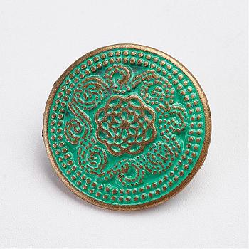 Tibetan Style Alloy Shank Buttons, Flat Round, Antique Bronze & Green Patina, 20x6mm, Hole: 3mm