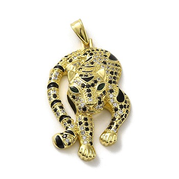 Rack Plating Brass Micro Pave Cubic Zirconia Pendants, with Enamel, Long-Lasting Plated, Cadmium Free & Lead Free, Tiger, Real 18K Gold Plated, 45.5x29x9mm, Hole: 9x4.5mm