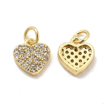 Brass Micro Pave Clear Cubic Zirconia Charms, with Jump Ring, Heart Charm, Real 18K Gold Plated, 10x9.5x2.5mm, Hole: 3.5mm