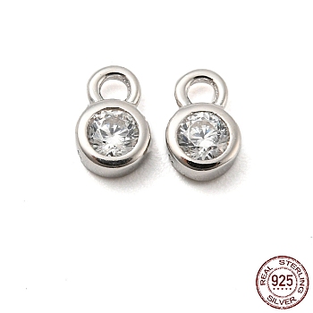 Real Platinum Plated Rhodium Plated 925 Sterling Silver Charms, with Clear Cubic Zirconia, with S925 Stamp, Flat Round, 5.5x3.6x2mm, Hole: 1.2mm
