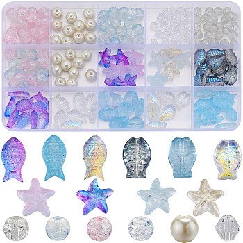 230pcs 15 Style Transparent Spray Painted & Crackle & Electroplate & Imitation Pearl Glass Beads, Round & Fish & Bicone, Mixed Color, 6~15x6~15x5~6.5mm, Hole: 0.8~1.6mm