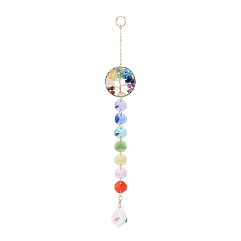 Natural & Synthetic Mixed Gemstone Tree with Glass Window Hanging Suncatchers, Golden Brass Tassel Pendants Decorations Ornaments, Leaf, 243mm