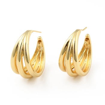 Rack Plating Brass Chunky Stud Earrings, Half Hoop Earrings for Women, Cadmium Free & Lead Free, Real 18K Gold Plated, 26.5x28x14mm, Pin: 0.7mm