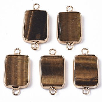 Natural Tiger Eye Links, with Light Gold Plated Edge Brass Loops, Rectangle, 28.5x15x3.5mm, Hole: 2mm