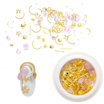 Nail Art Decoration Accessories, with Resin Imitation Cat Eye & Golden Tone Brass Cabochons & Glass Rhinestones, Mixed Shapes, Flamingo, 1.5~12x0.5~7x0.5~2mm