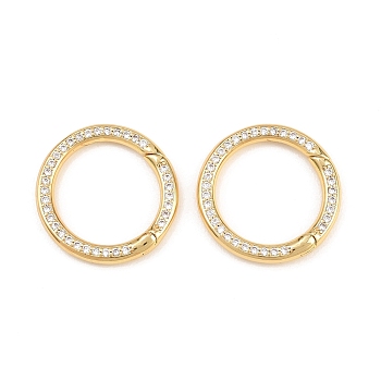 Brass Micro Pave Clear Cubic Zirconia Spring Gate Rings, Flat Round, Rack Plating, Long-Lasting Plated, Lead Free & Cadmium Free, Real 18K Gold Plated, 20.5x2.5mm