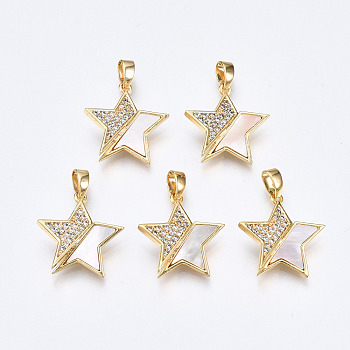 Brass Micro Pave Clear Cubic Zirconia Pendants, with White Sea Shell, Nickel Free, Star, Real 18K Gold Plated, 18x16.5x2mm, Hole: 2x4.5mm