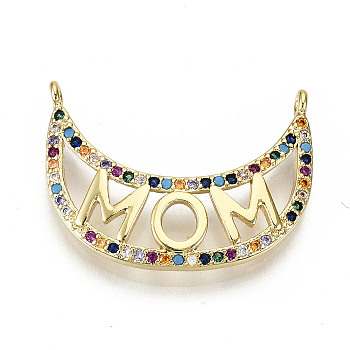 Brass Micro Pave Colorful Cubic Zirconia Pendant Link, for Mother's Day, Cadmium Free & Nickel Free & Lead Free, Moon with Word Mom, Real 16K Gold Plated, 18.5x25x2mm, Hole: 1mm