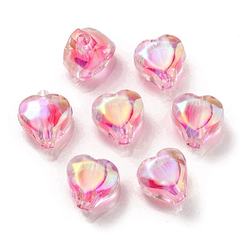 UV Plating Rainbow Iridescent Acrylic Beads, Two Tone Bead in Bead, Heart, Deep Pink, 11x11.5x8mm, Hole: 3mm
