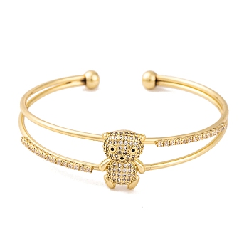 Brass Micro Pave Clear Cubic Zirconia 2-Strand Bear Open Cuff Bangles for Women, Real 18K Gold Plated, Inner Diameter: 2-1/4 inch(5.8cm), Bear: 18x13mm