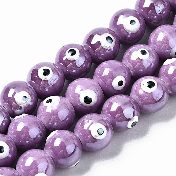 Handmade Porcelain Ceramic Beads Strands, Bright Glazed Porcelain, Round with Evil Eye, Medium Orchid, 10.5mm, Hole: 1.8mm, about 32pcs/strand, 12.01 inch(30.5cm)