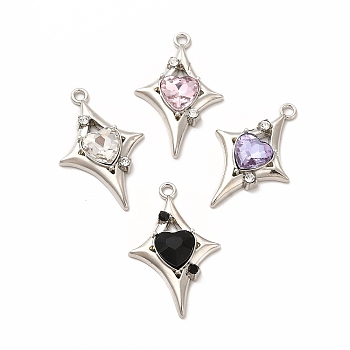 Rack Plating Alloy with Glass Pendants, Star with Heart Charms, Platinum, Cadmium Free & Nickel Free & Lead Free, Mixed Color, 30.5x19.5x5mm, Hole: 1.8mm