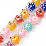Transparent Glass Beads Strands, Hand Painted Beads, with Enamel, Star with Sakura Pattern, Mixed Color, 13x13.5x6~7mm, Hole: 1mm, about 33pcs/strand, 14.72 inch(37.4cm)(LAMP-F029-03F)