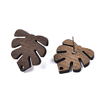 Tropical Theme  Stud Earring Findings, with 304 Stainless Steel Pin, Monstera Leaf, Coconut Brown, 20x18mm, Hole: 1.8mm, Pin: 0.7mm(MAK-CJ0001-15)