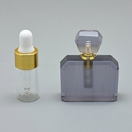 Synthetic Quartz Openable Perfume Bottle Pendants, with Brass Findings and Glass Essential Oil Bottles, Purple, 48~49x39~40x13~15mm, Hole: 1.2mm, Glass Bottle Capacity: 3ml(0.101 fl. oz), Gemstone Capacity: 1ml(0.03 fl. oz)(G-E556-08B)