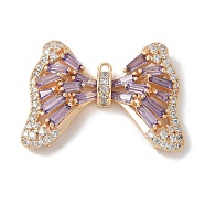 Brass Micro Pave Cubic Zirconia Pendants with Glass, Bowknot Charms, Purple, 22x31x6mm, Hole: 1.2mm(KK-U052-27G-02)