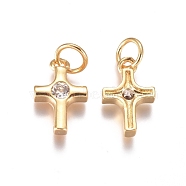Brass Charms, with Cubic Zirconia and Jump Rings, Cross, Clear, Golden, 12x8x2mm, Hole: 3mm(X-ZIRC-I038-38G)
