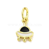 Real 18K Gold Plated Rack Plating Brass Enamel Charms, with Jump Ring, Long-Lasting Plated, Lead Free & Cadmium Free, Spaceship Charm, Black, 9x6x1.5mm, Hole: 3mm(KK-M293-28G-01)