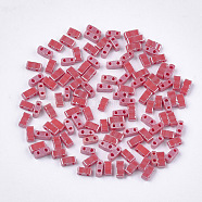 2-Hole Opaque Glass Seed Beads, Lustered, Rectangle, Indian Red, 4.5~5.5x2x2~2.5mm, Hole: 0.5~0.8mm(SEED-S023-27B-05)