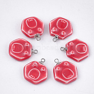 Handmade Porcelain Pendants, Bright Glazed Porcelain, with Brass Findings, Hexagon with Face, Platinum, Red, 17~17.5x15~15.5x4mm, Hole: 1.5mm(PORC-T002-95)