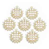 Alloy Pendants, with Crystal Rhinestone and ABS Plastic Imitation Pearl, Sun Flower, Light Gold, 27x24x4.5mm, Hole: 1.6mm(PALLOY-T077-04)