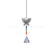 Glass Prisms Sun Catcher Hanging Prism Ornaments with Iron Butterfly, for Home, Garden, Ceiling Chandelier Decoration, Cone Pattern, 340~360mm, Glass pendant: 42x33mm(HJEW-PW0002-14F)