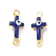 Brass Enamel Connector Charms, Real 18K Gold Plated, Religion Cross with Evil Eye Pattern, Marine Blue, 5.5x13x3mm, Hole: 1.2mm(KK-J302-08G-06)