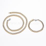 304 Stainless Steel Jewelry Sets, Textured Curb Chain Bracelets & Necklaces, with Lobster Claw Clasps, Golden & Stainless Steel Color, 23.62 inches(60cm), 8-1/4 inches(210mm)(SJEW-H067-16GP)