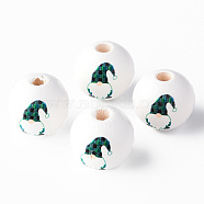 Painted Natural Wood Round Beads, Father Christmas, Dark Green, 16x15mm, Hole: 4mm(WOOD-N006-180A)